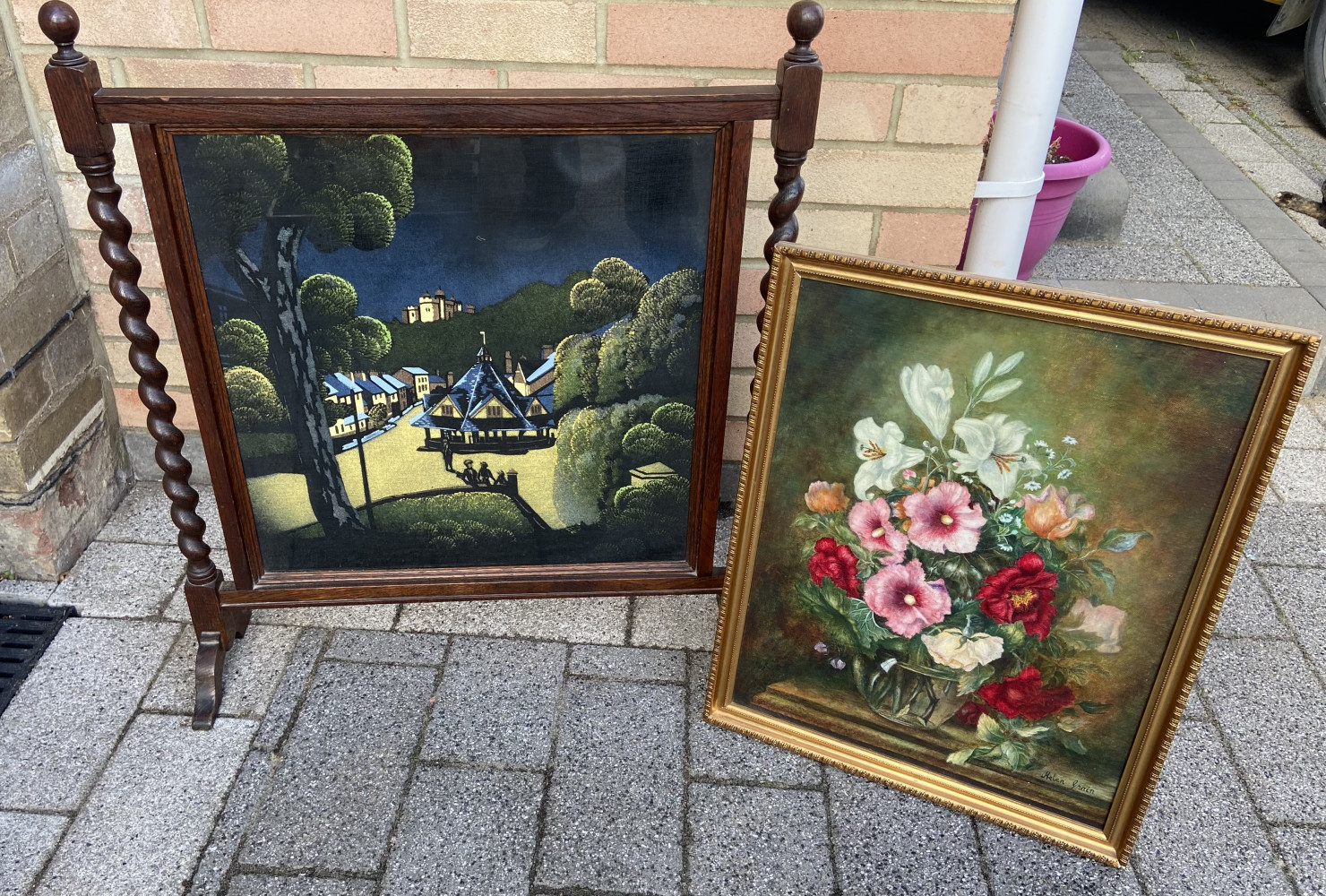 Antique fire guard with original silk print and a framed picture