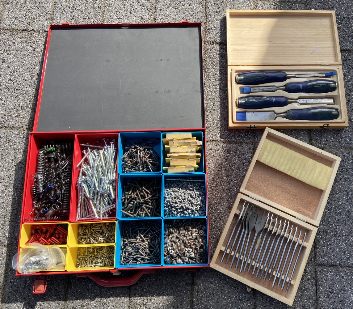 Large box of fixings, chisel set and drill bit set