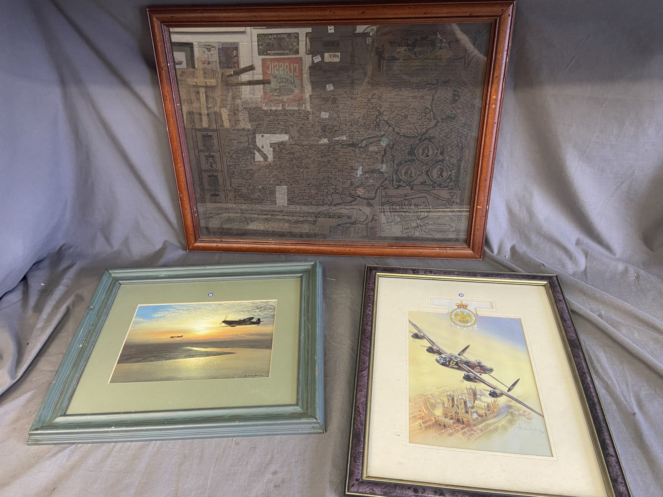 Old map of Suffolk and two WW2 plane pictures