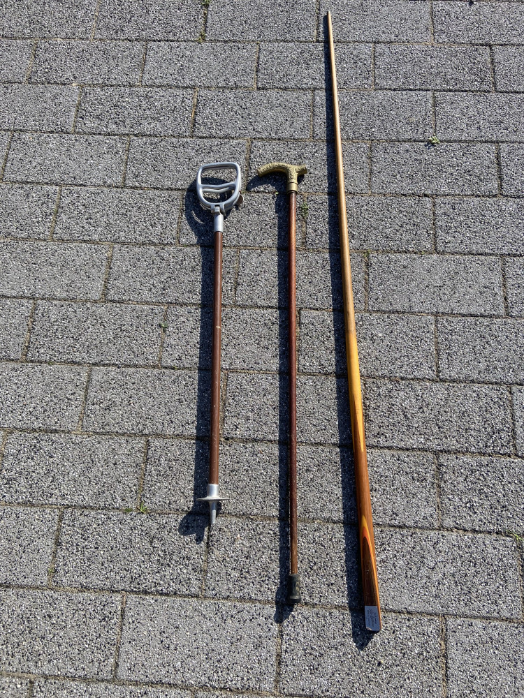 Shooting stick , brass handled walking stick and snooker cue