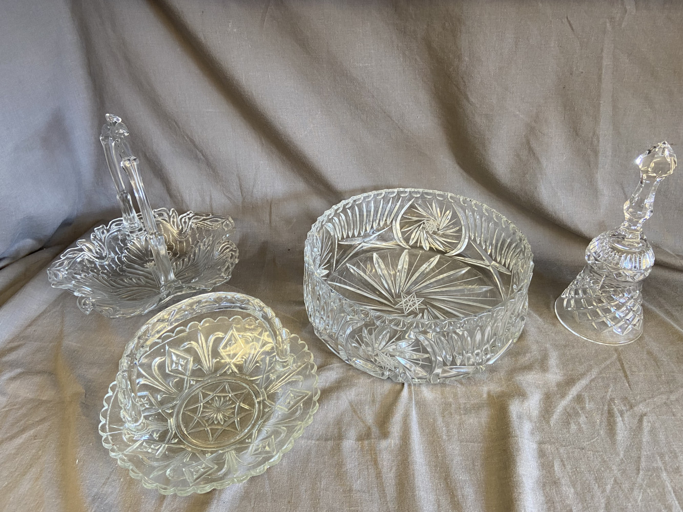 Large Crystal bowl, Crystal Bell and two glass baskets