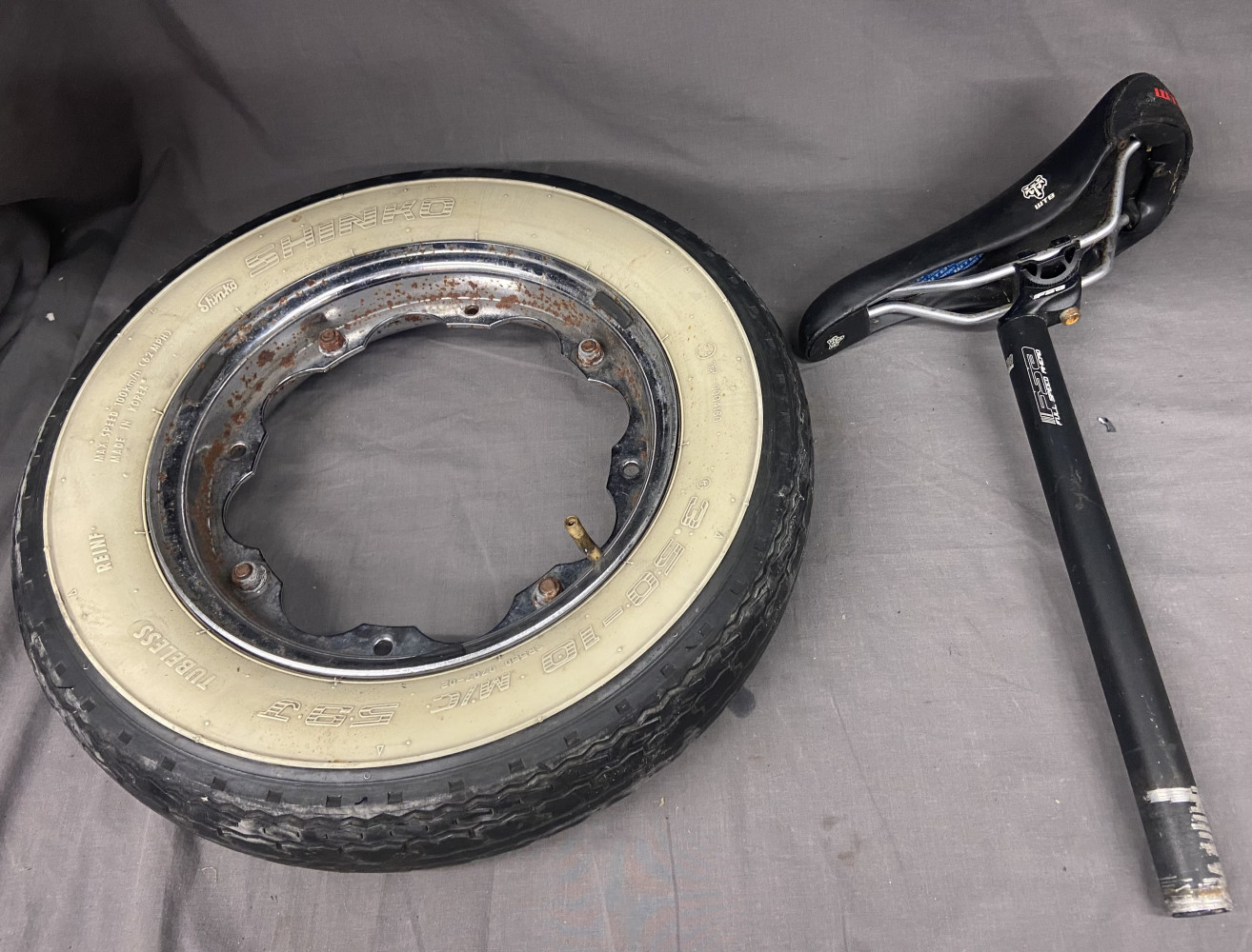 Lambretta Wheel and Full Speed Ahead bike saddle