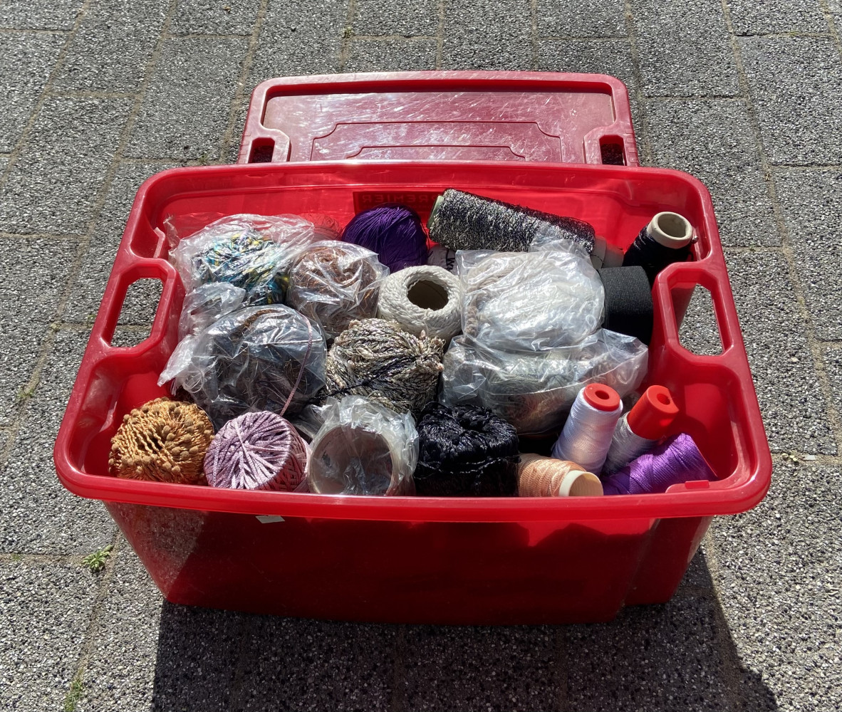 Large box of wool and other knitting and sewing items