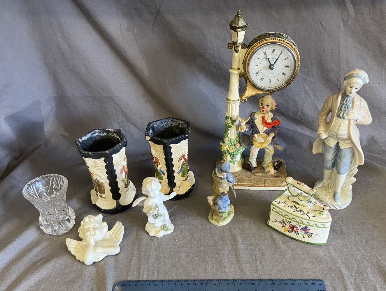 Clown with clock, 32cms small crack on glass and other mixed items