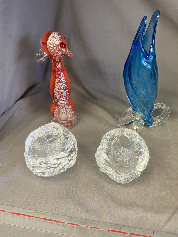 KOSTA BODA candle holders, glass dog and whale possibly Murano