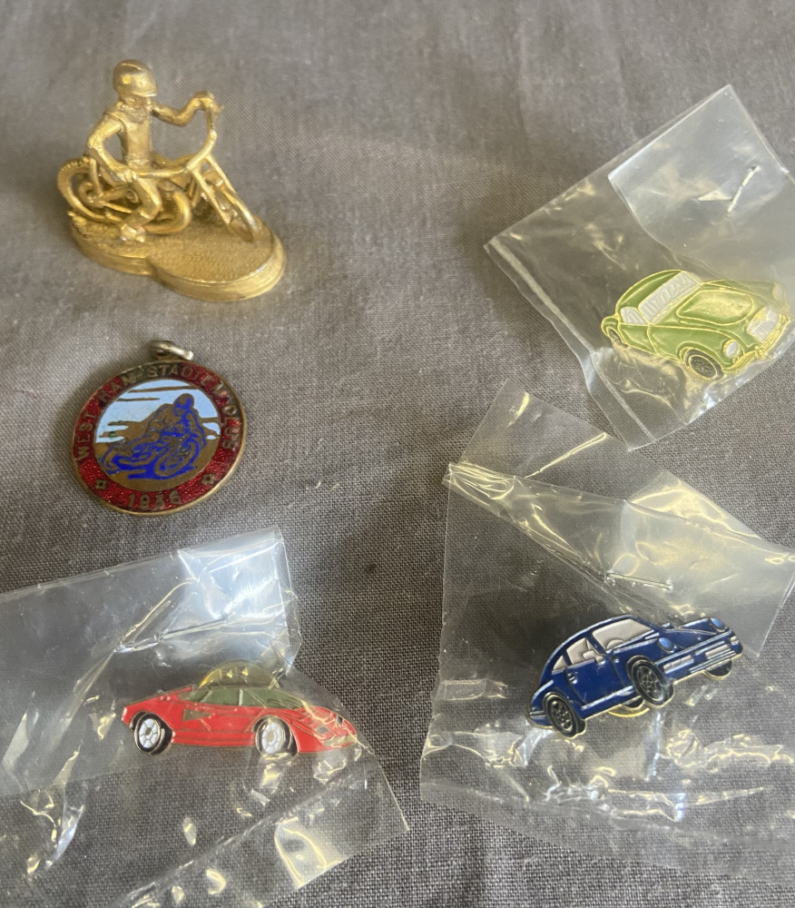 West Ham Stadium Speedway 1936 pendant, 3 car pin badges and bike figure
