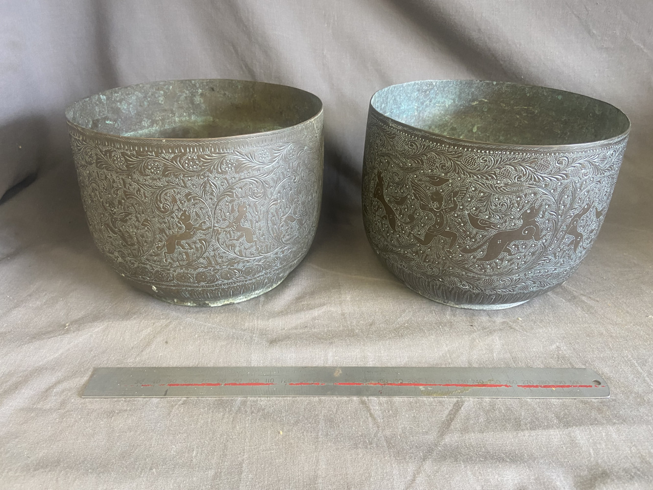 2 copper Indian pots approx 14cms high