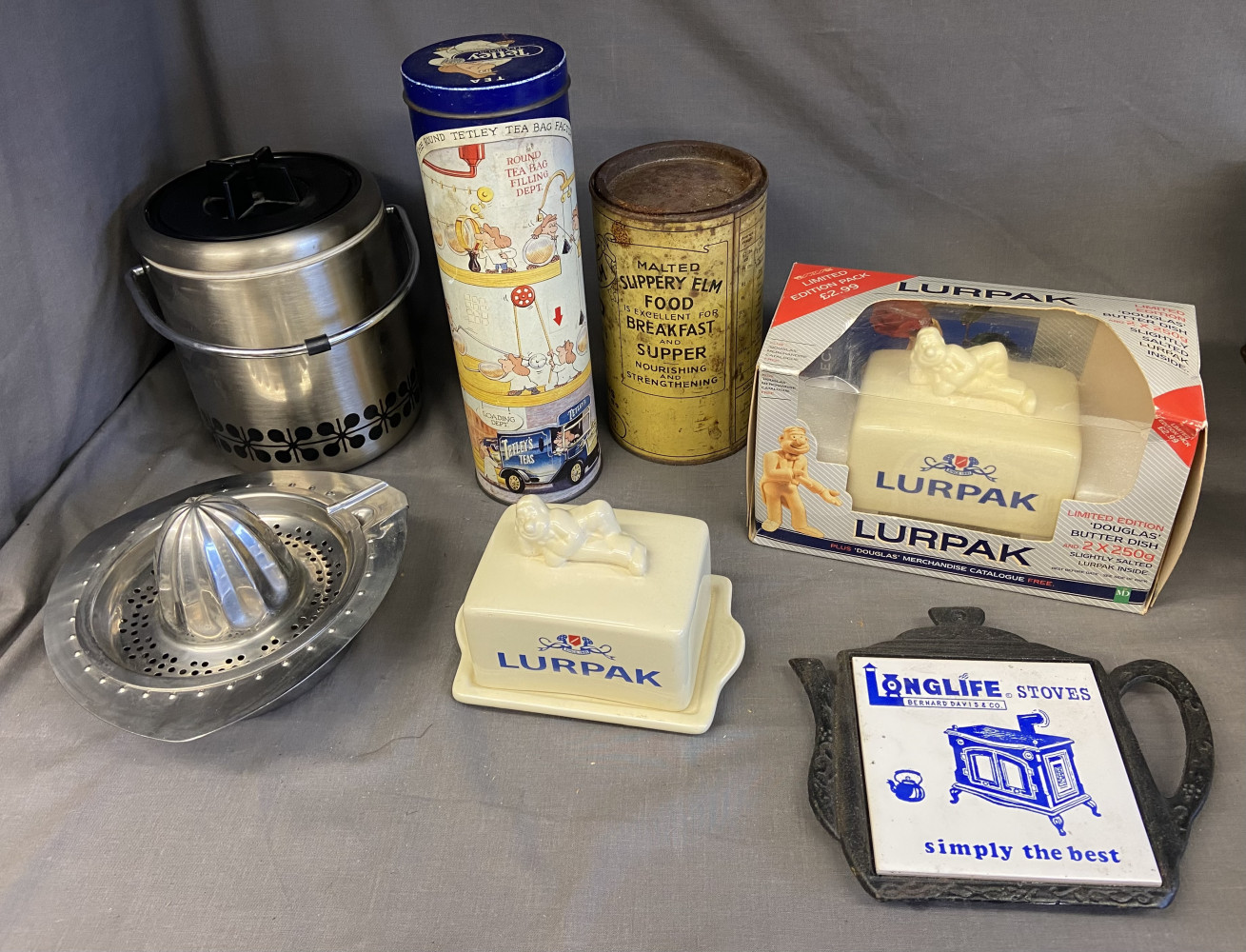 Vintage kitchen items including 2 Lurpak butter dishes