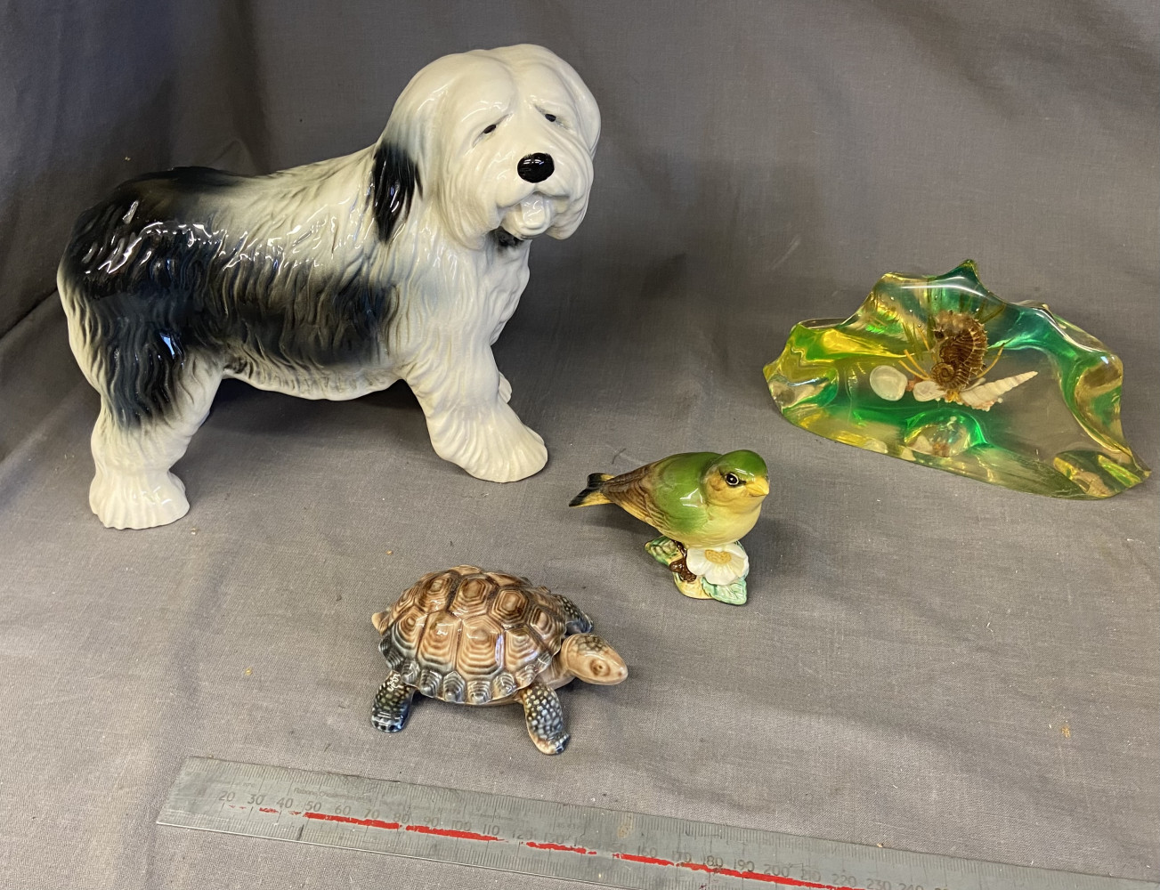 Animal figures, large dog, wade tortoise, beswick bird with tiny chip on tail as shown in last picture and seascape paper weight