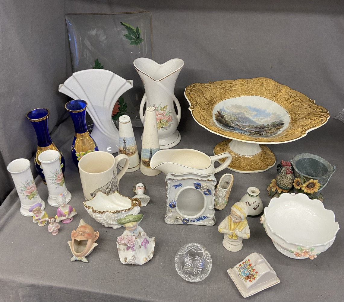 Mixed china and glass including figures, large gold bowl has small chip and shown in last picture