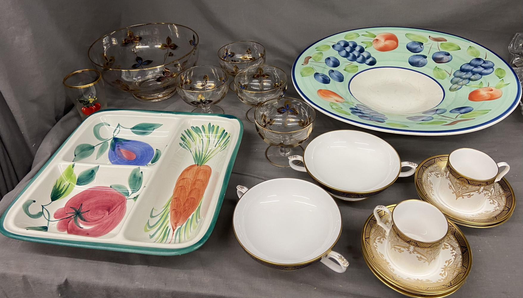 Huge platter bowl, serving dish, glass bowl set and part china tea set