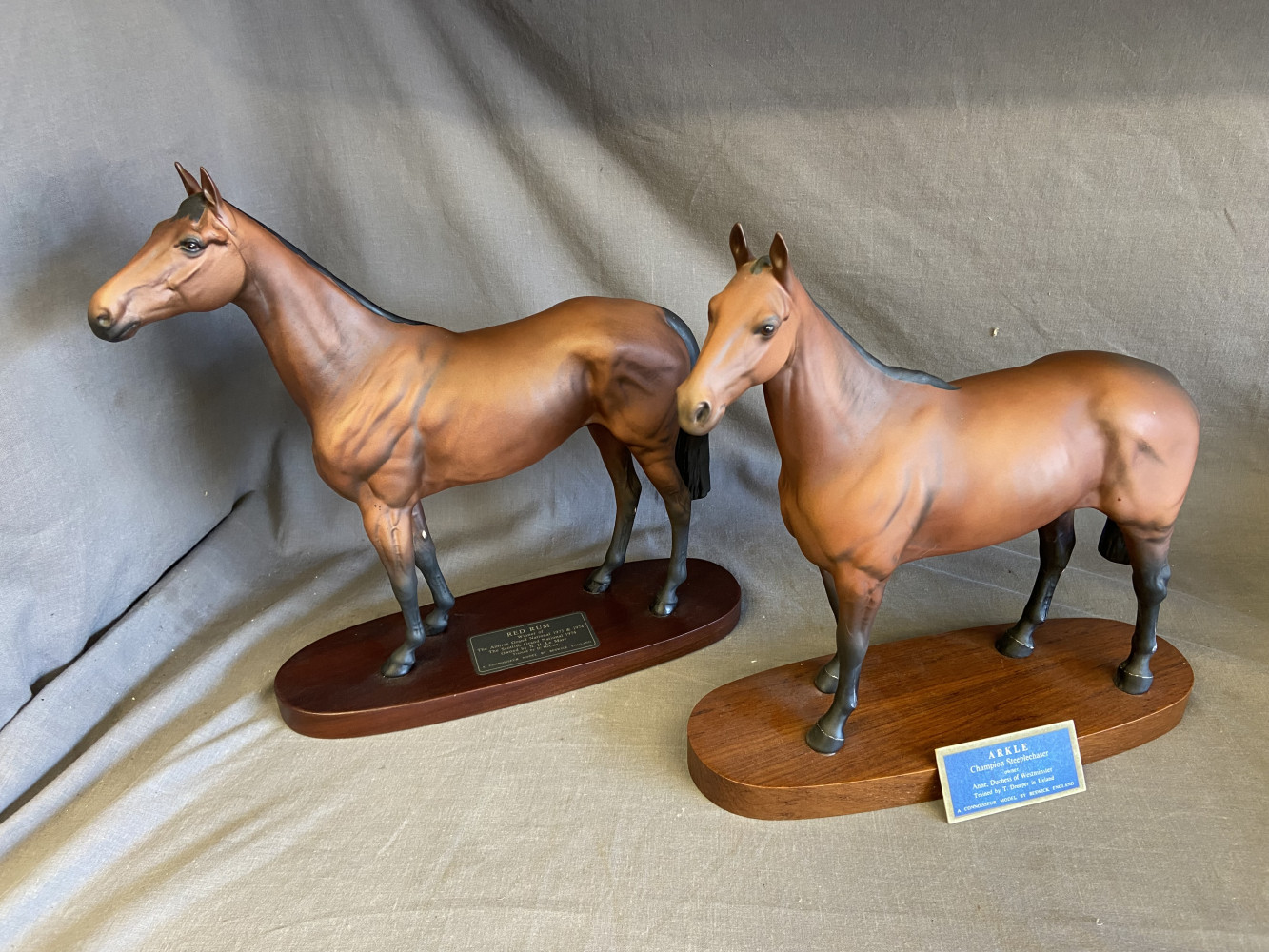 Beswick Large Red Rum and Arkle Models Race Horses on Wooden Stand 32cm Tall
