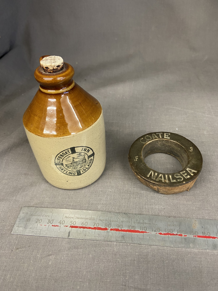 Vintage Brass Beer Barrel Bung For COATE NAILSEA and small stoneware flagon