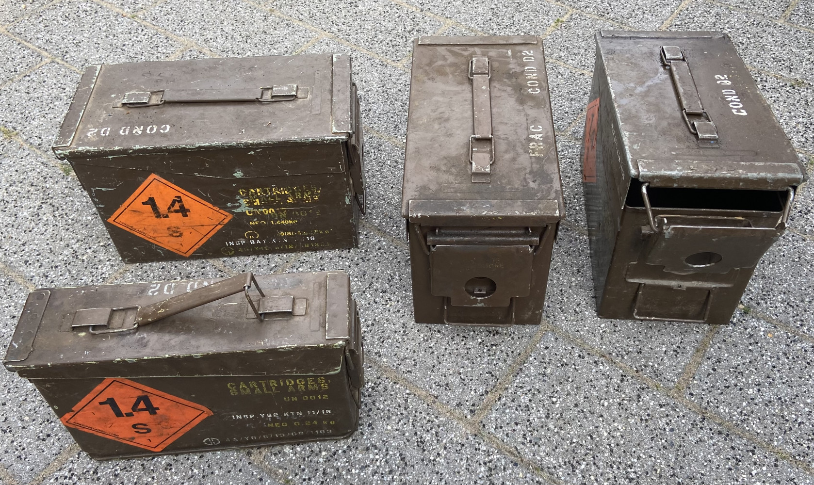 4 metal ammunition boxes one has metal clips in
