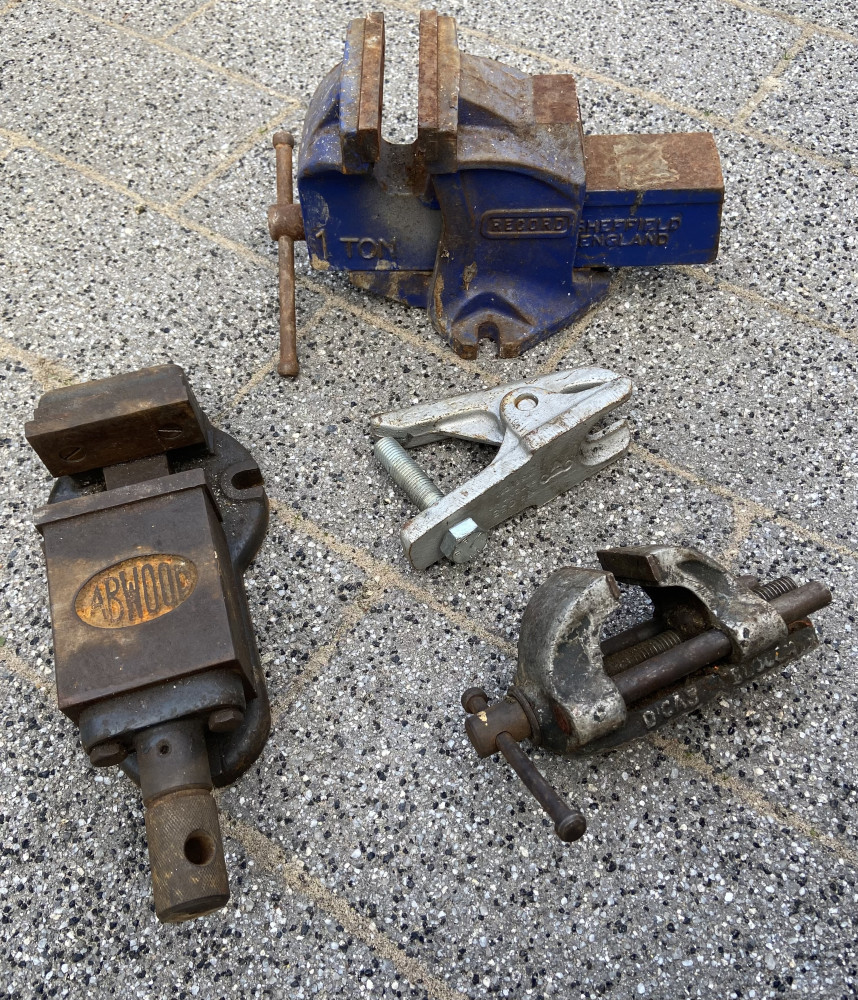 Record vice, Vintage Abwood Milling Vice and two other small clamps