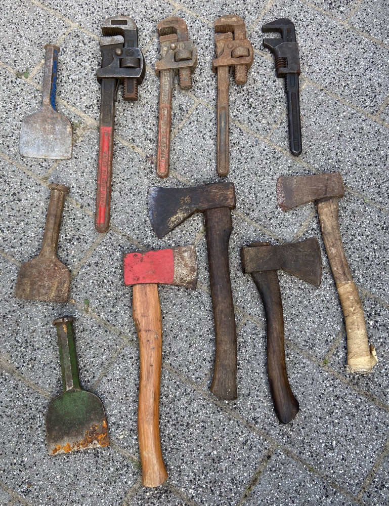 Chisels, stillsons including 18 inch and wood cutters