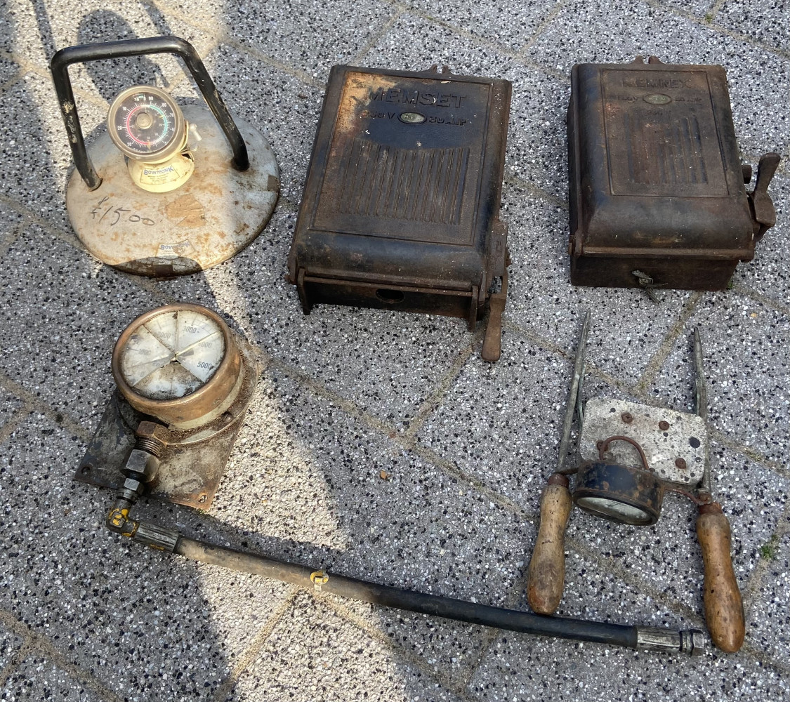 Vintage brake tester, 2 old fuse boxes and other metalware