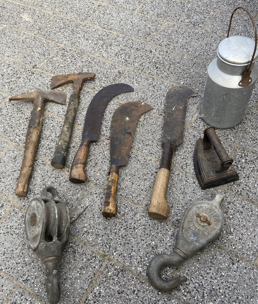 2 pulley wheels, small churn, iron and assorted choppers