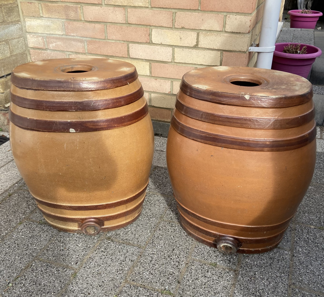Huge pair of antique salt-glazed stoneware spirit barrels, by DOULTON LAMBETH LONDON one has a crack down the side as shown