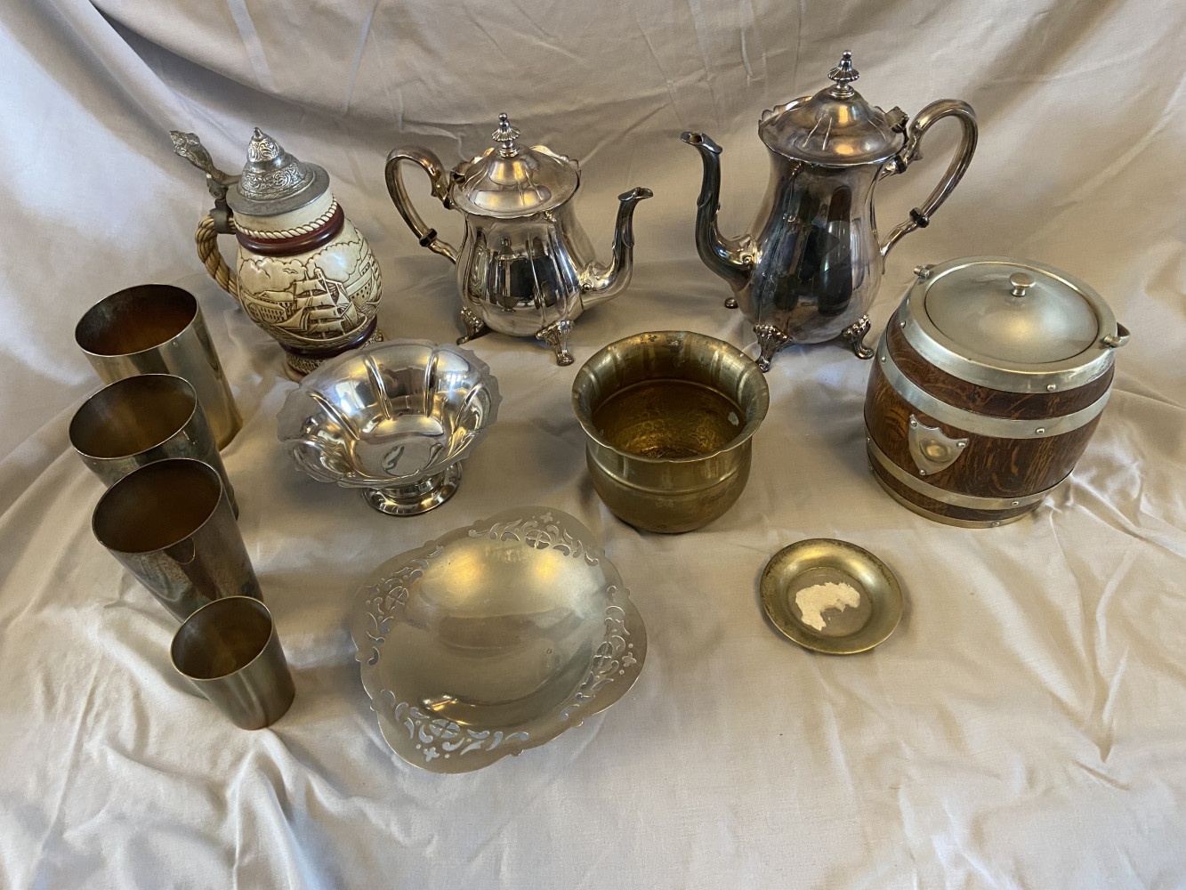 Large Silver plated coffee and teapot, vintage biscuit barrel, set of measuring cups and other metal plated items