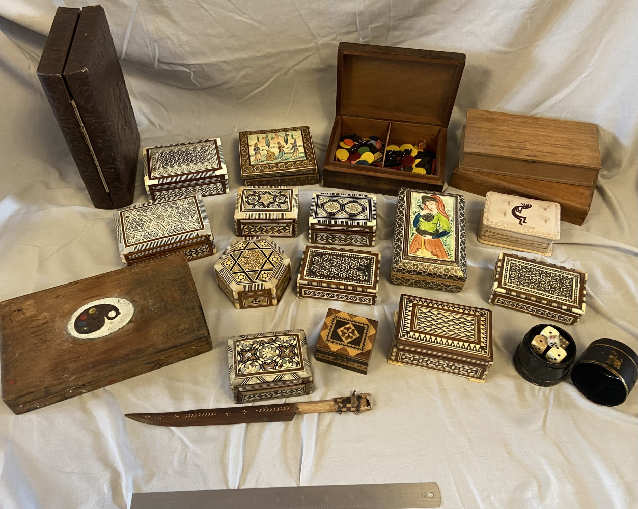 Large lot of marquetry boxes, cigar boxes and other boxes