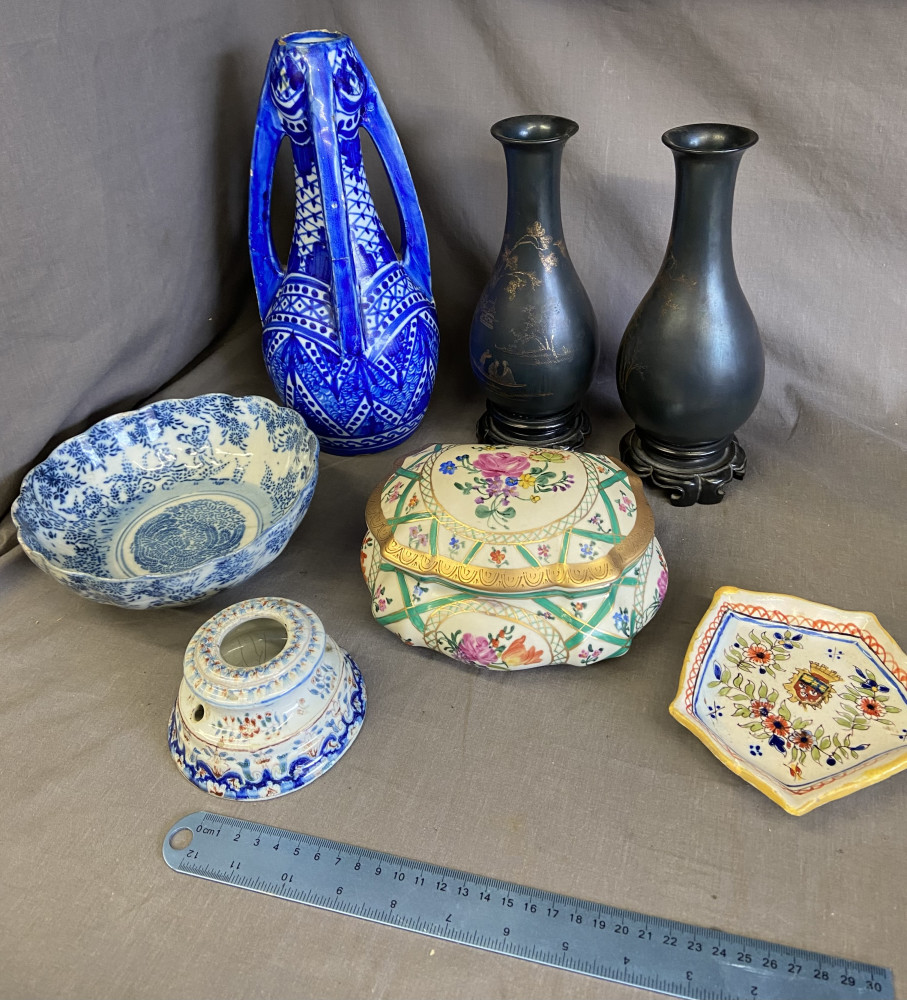 Pair of Japanese lacquer ware vases one A/F, Chinese and other pottery