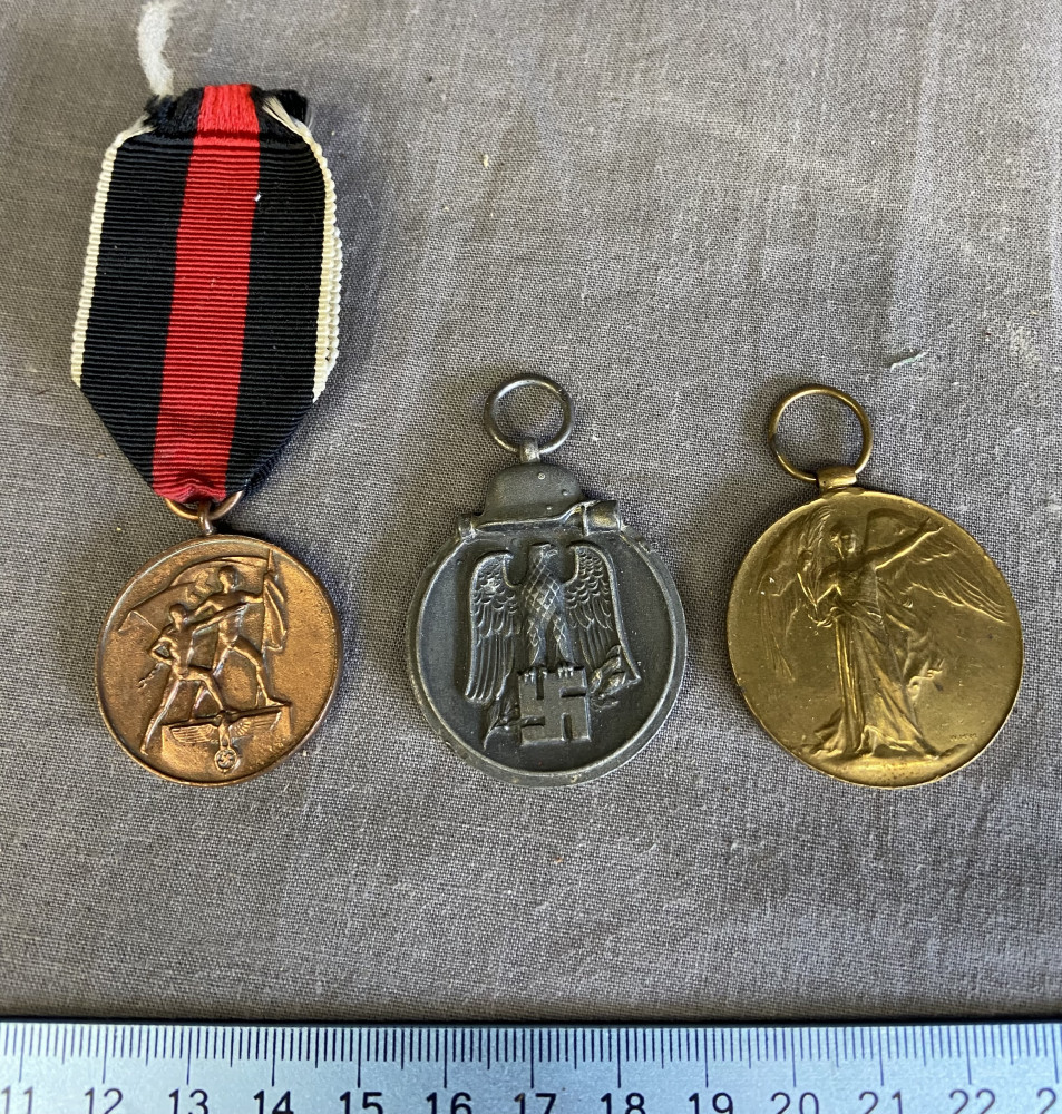 3 World War Medals, Sudetenland Medal, German Eastern Front Medal or "Ostmedaille", and WW1 Victory Medal Great War Civilisation Medal