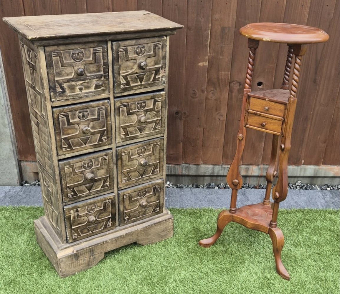 8 drawer chest and vintage stand, H 85cm w 49cm d 26cm and 87cms x 37cms