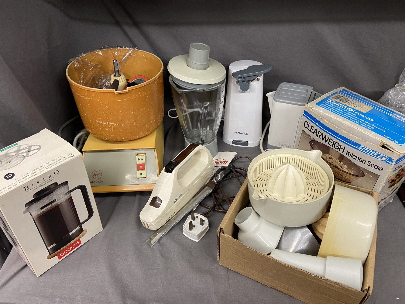 Kitchen equipment, vintage mixer, tin opener and other items