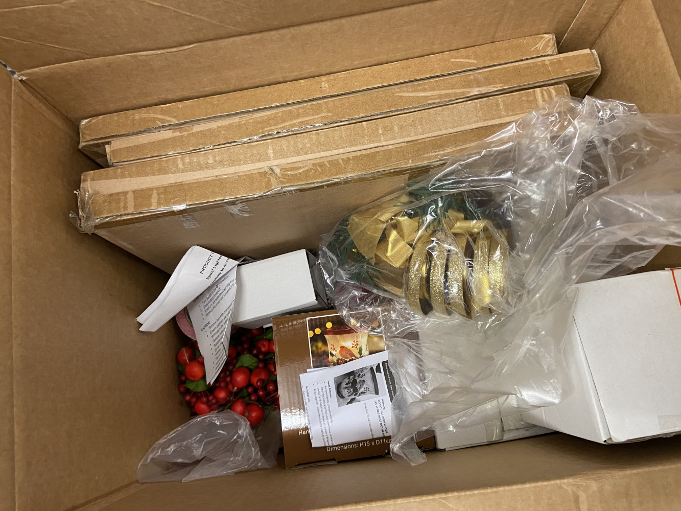 Large box of Christmas decorations