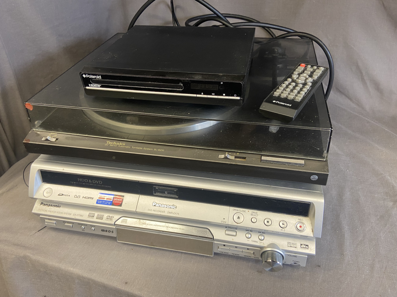 Technics Deck, Panasonic DVD Player, Panasonic DVD RECORDER, and other box with remote, Panasonics missing remotes