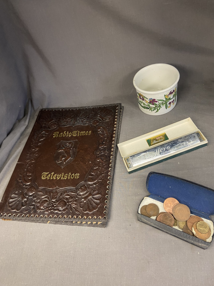 Vintage radio times cover, portmeirion bowl, old coins and boxed harmonica