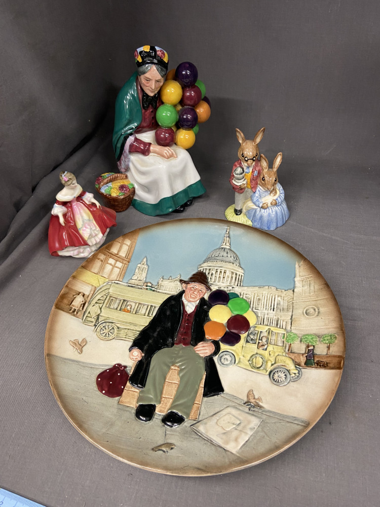 Royal Doulton balloon plate and lady, also two small other royal daulton figures