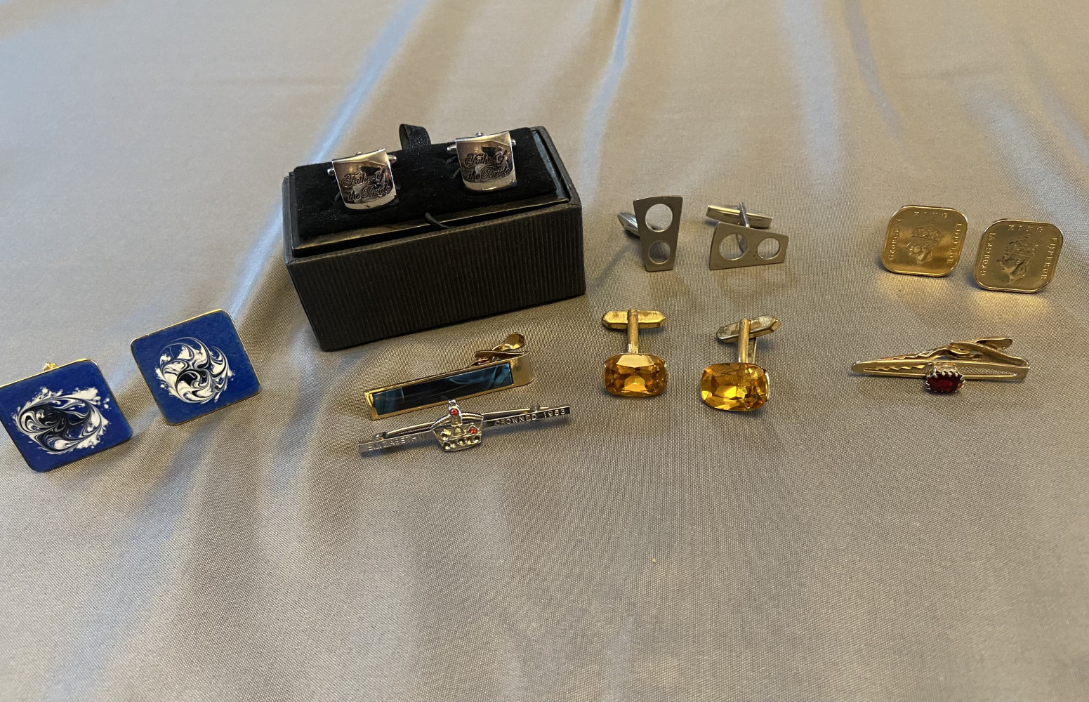 5 pairs of cuff links inc “father of the bride” and 3 tie pins