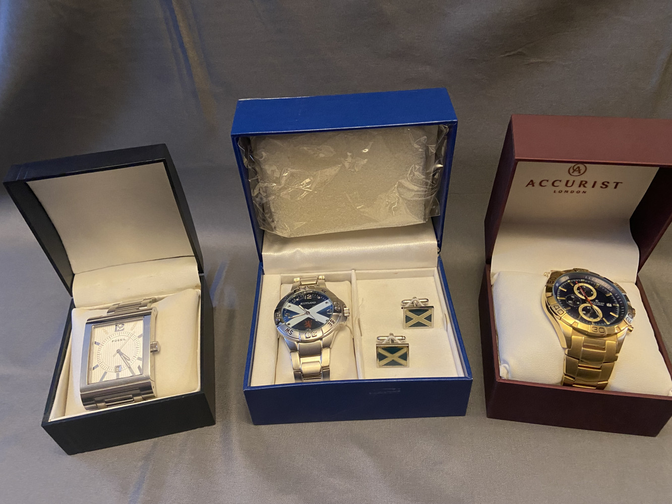 Fossil watch, Accurist and unbranded Scottish watch with cuff links all in boxes