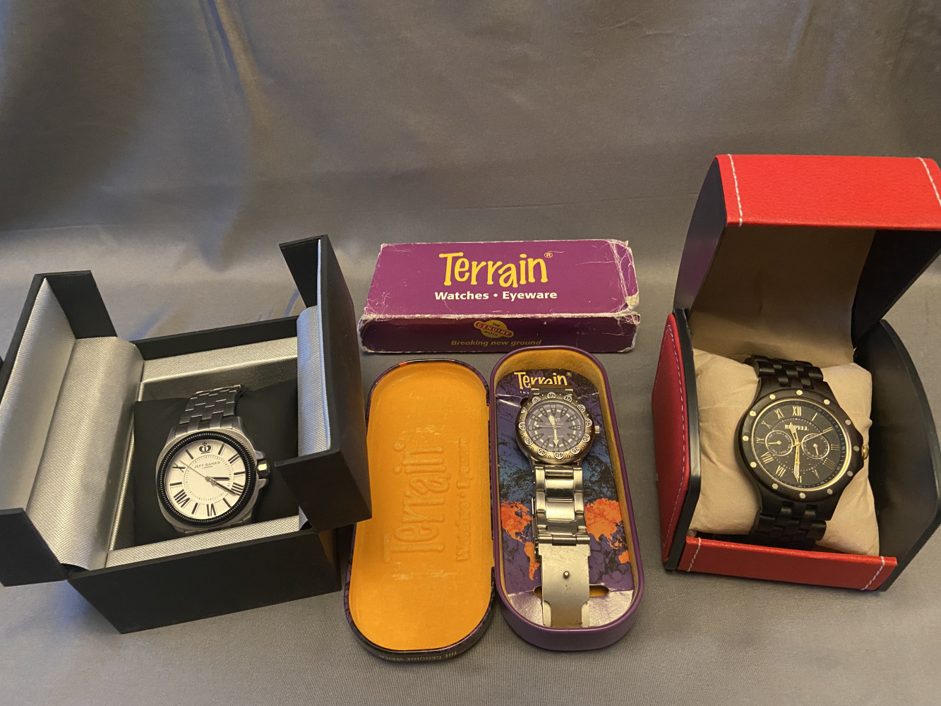 Terrain, Jeff Banks and Bewell watches all in boxes