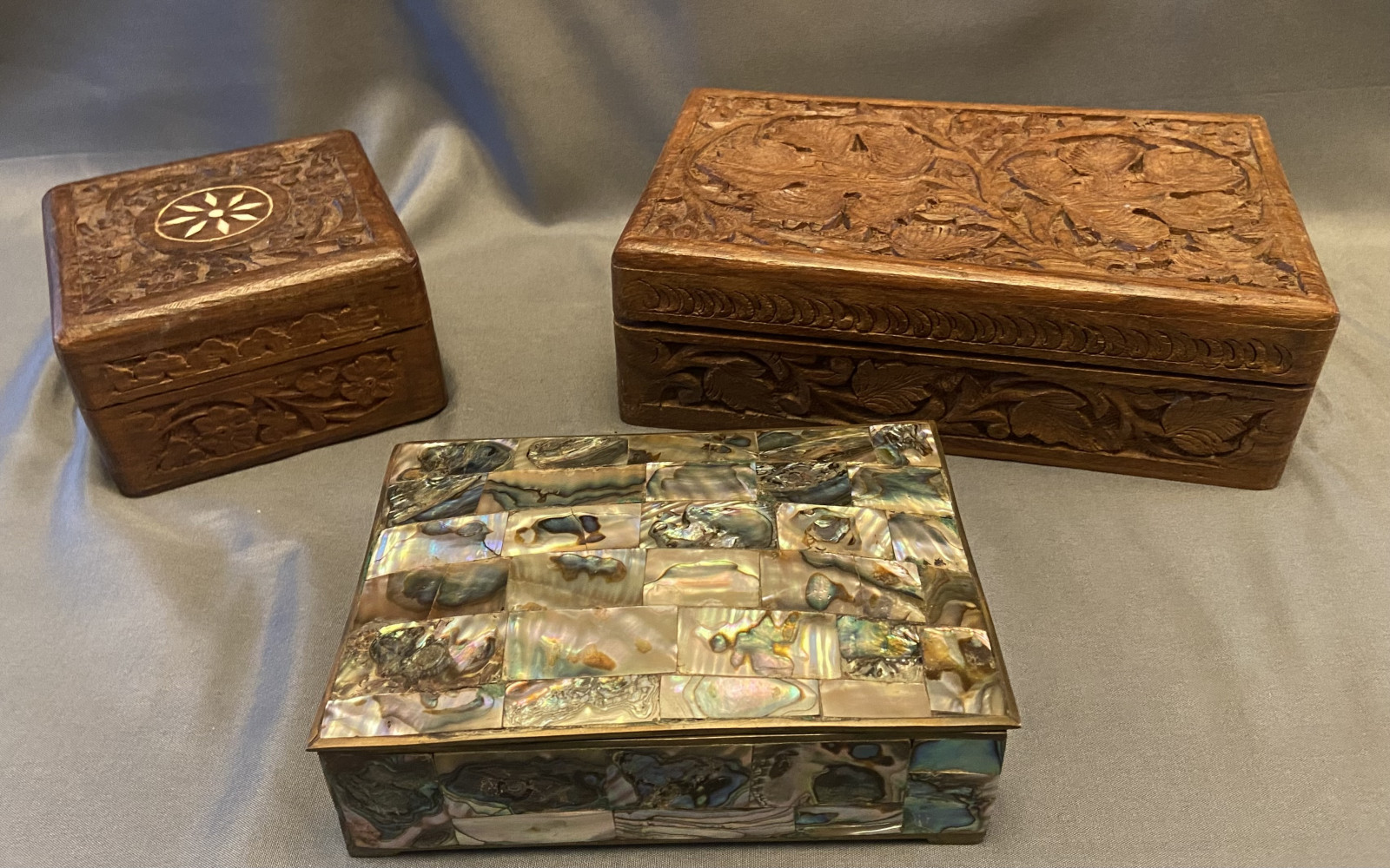 Vintage Mexican “Alpaca Silver” with Inlay mother of pearl and two wooden boxes