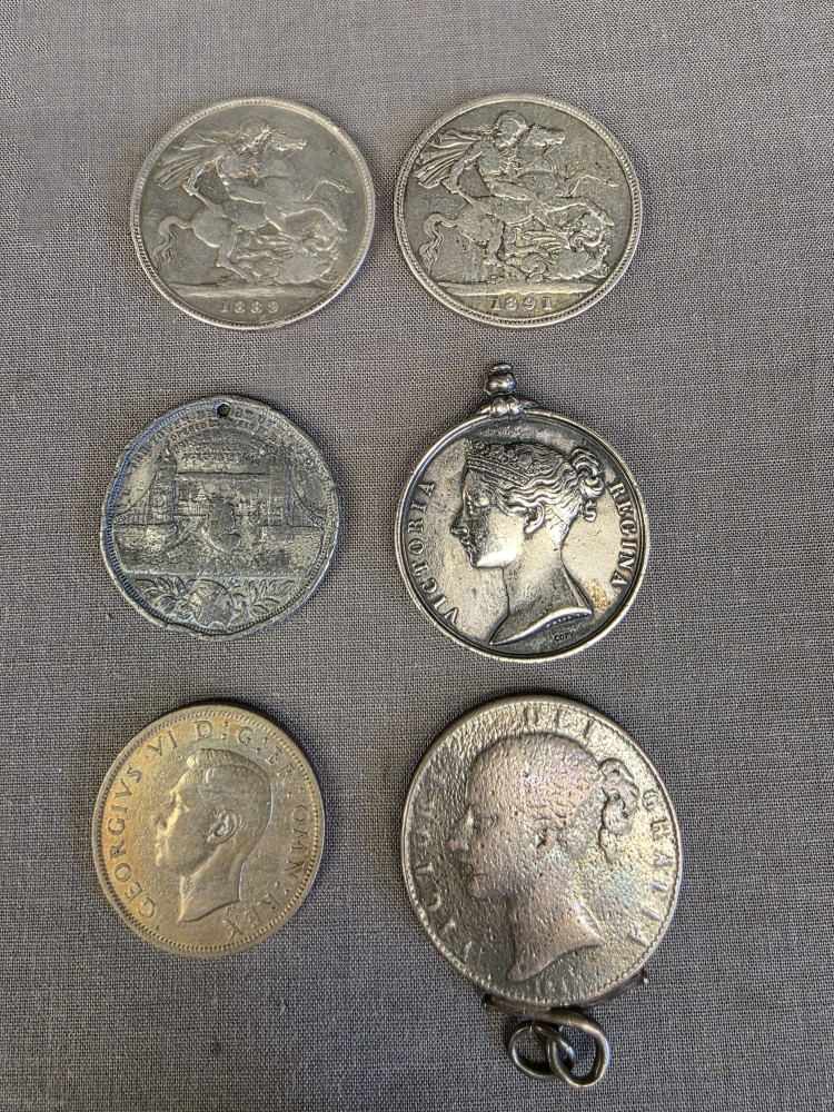 Two Victorian silver crowns (Five Shillings), British South Africa Medal,