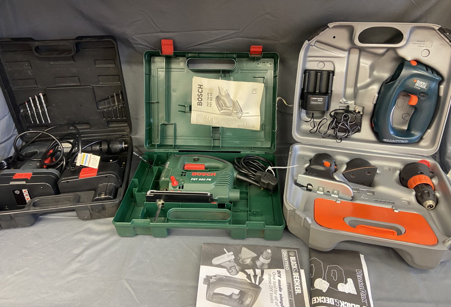 Power tools, hammer drill, jigsaw and black and decker Quattro multi tool