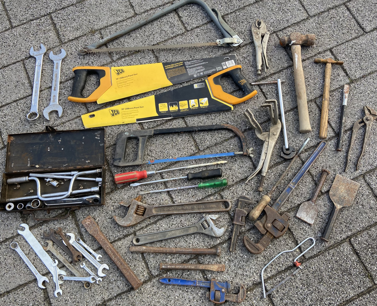 Mixed tools including large wrenches and welding clamp