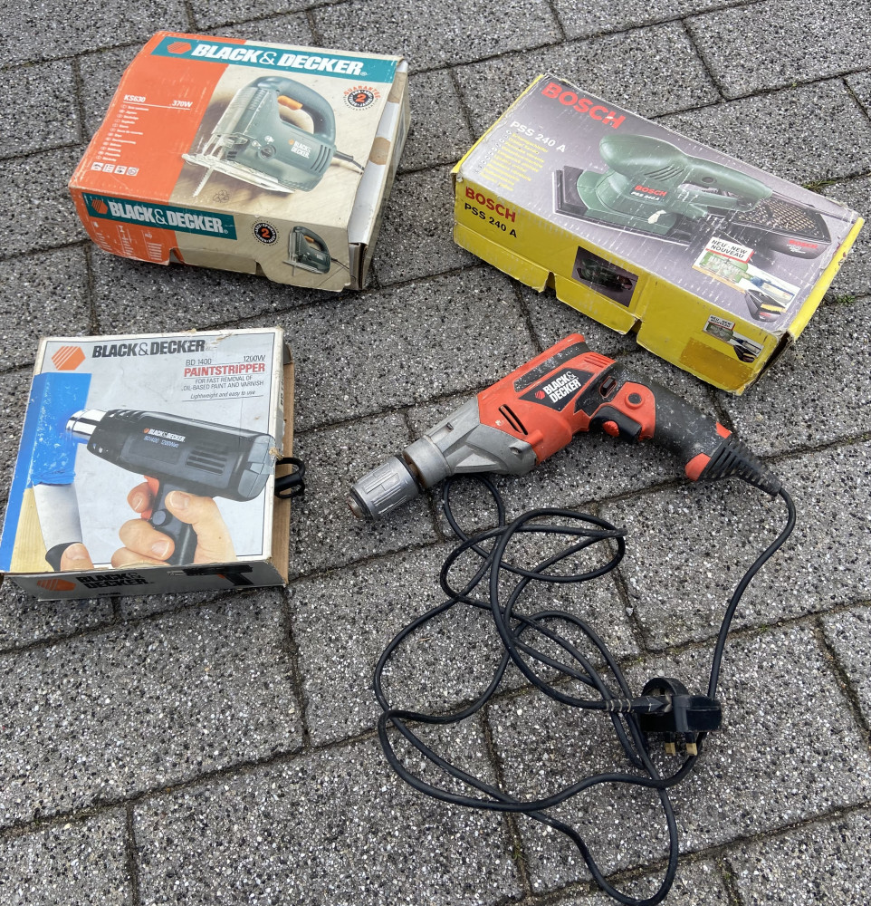 4 power tools, drill, heat gun, jigsaw and sander