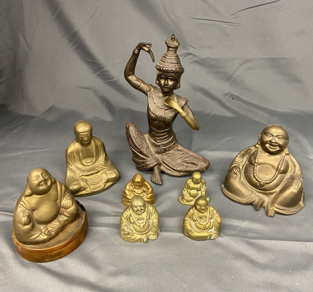 Collection of brass Thai Buddhist statues and figures. including Buddha and Apsara figure 20cms tall