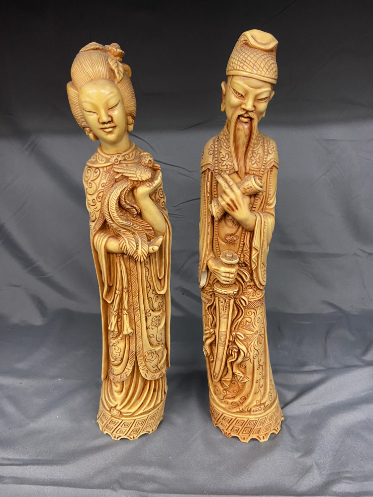 Pair of vintage Chinese resin Emperor and Empress figurines small chip on male figure as shown in last picture