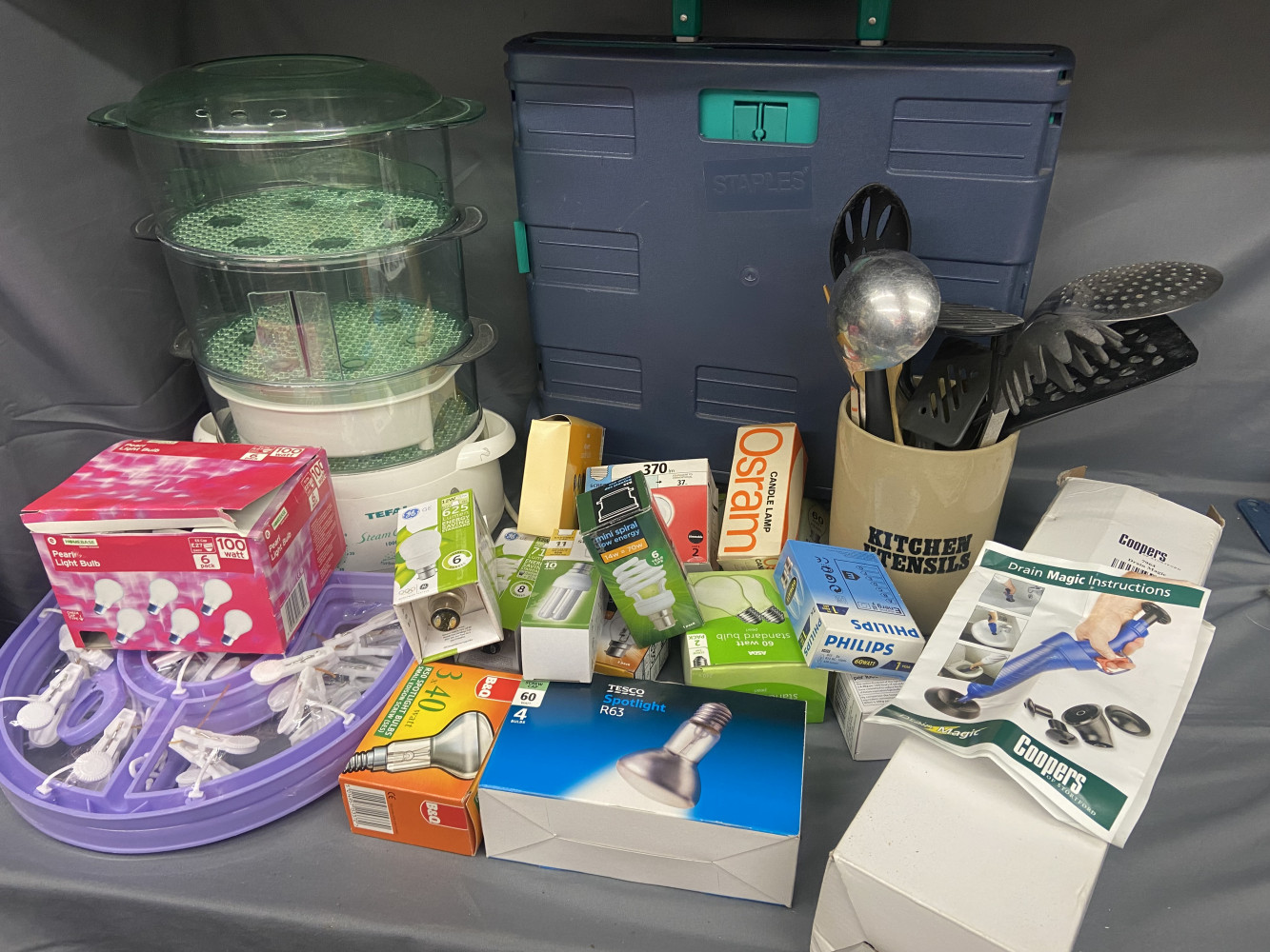 Mixed household and kitchen items, steamer, folding trolley, light bulbs and other bits