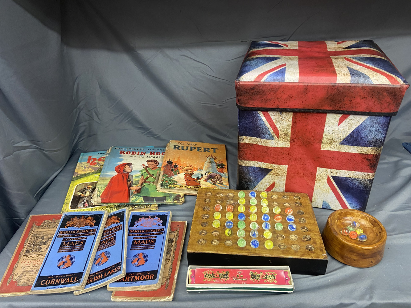 Union Jack Box, solitaire game, vintage books, maps and harmonica