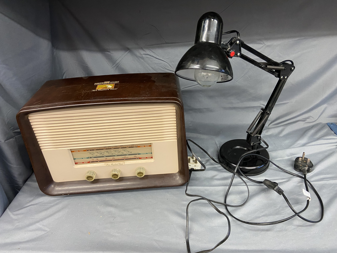 Vintage HMV radio and angle poised lamp