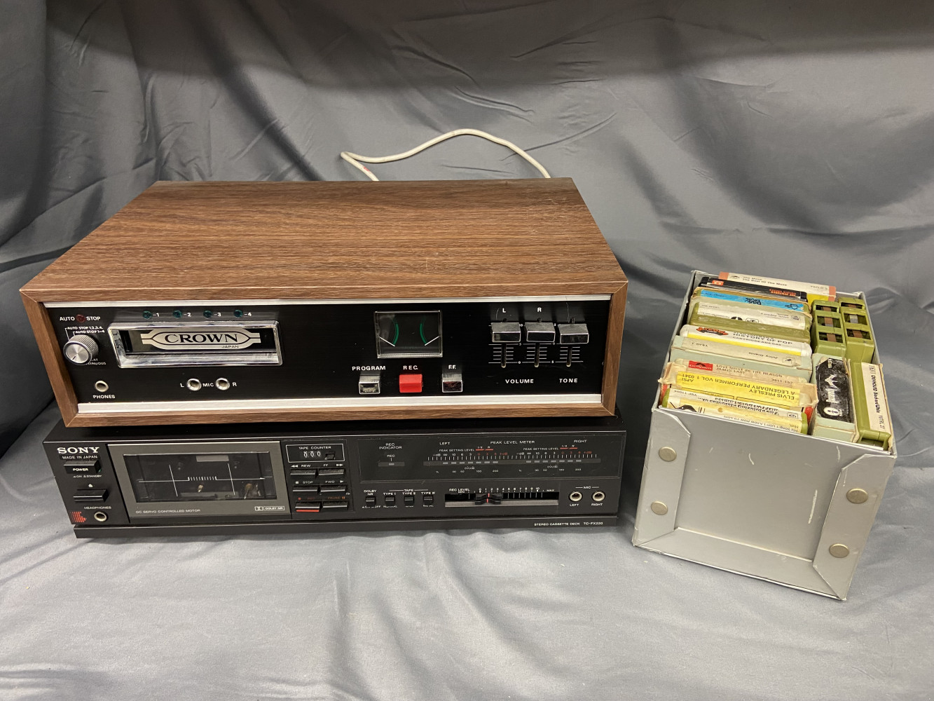 Vintage Crown 8-Track Recorder and Sony TC-FX220 stereo cassette deck and box of 8 tracks.