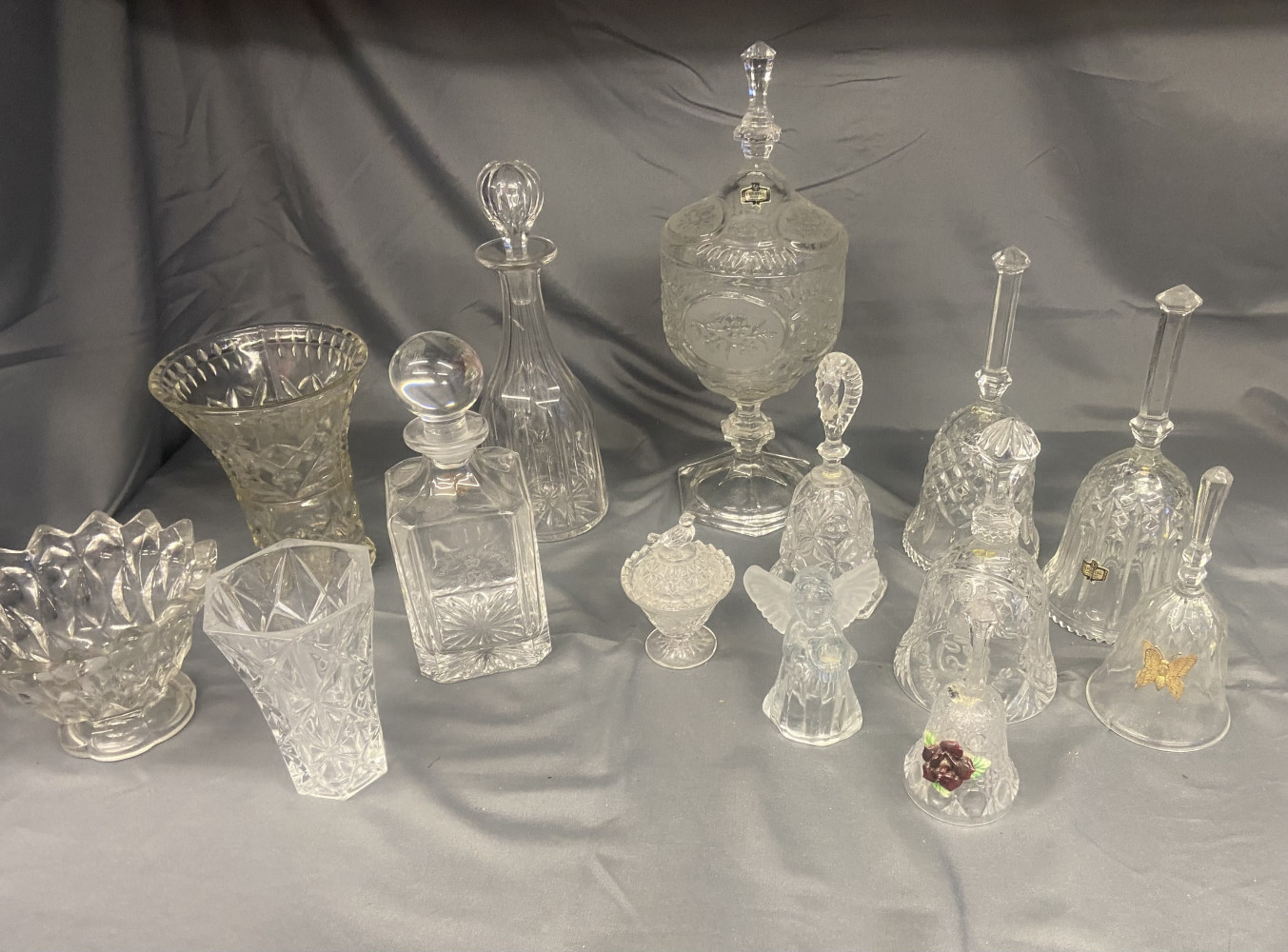 Collection of Crystal bells, large crystal candy bowl with lid, decanters and glass vases