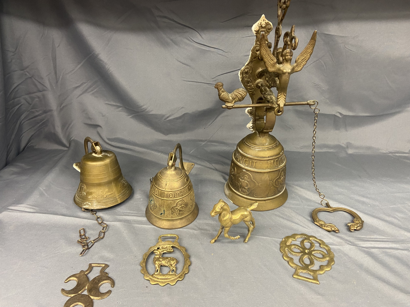 Large brass bell, 2 small bells and other brass items