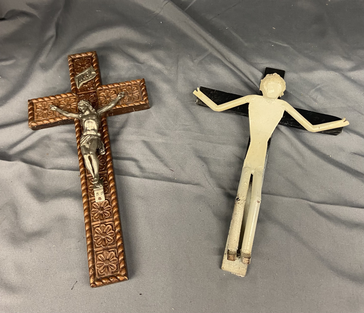 2 Crucifix Wall Crosses one metal Brutalist approx 30cms